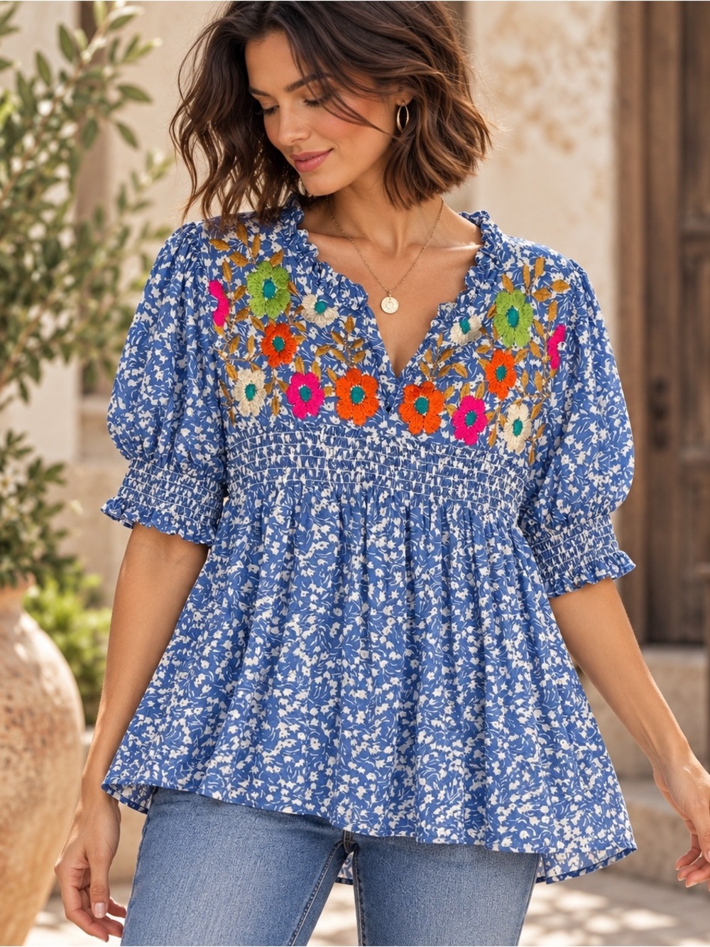 THML Embroidered Floral Cotton Babydoll Puff Sleeve Smocked Blouse Blue Boho M